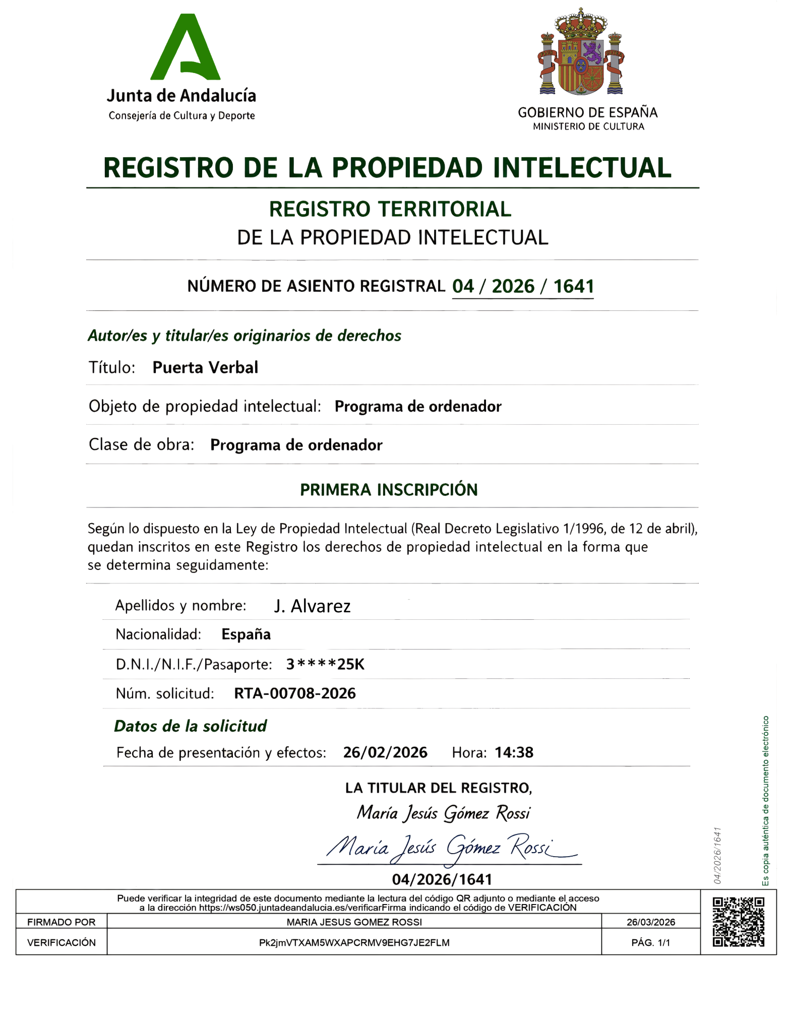 Registro Propiedad Intelectual Puerta Verbal